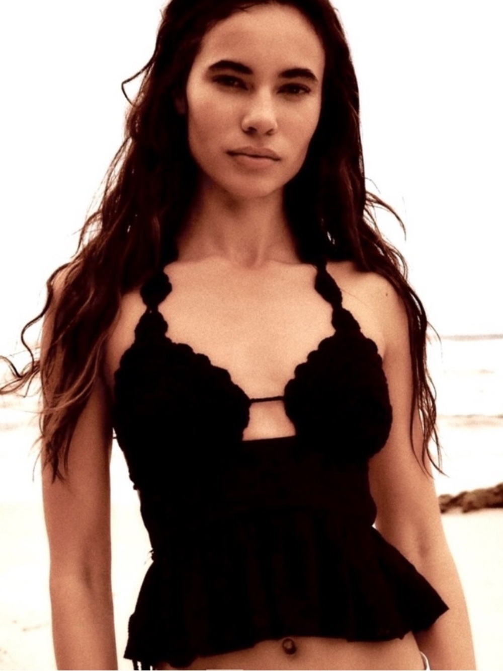 Zara Black Scalloped Halter Peplum Top